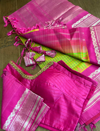 Bright green with pink gadwal saree online usa pure gadwal silk saree usa 