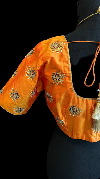 Orange Hand embroidered silk blouse readymade usa online