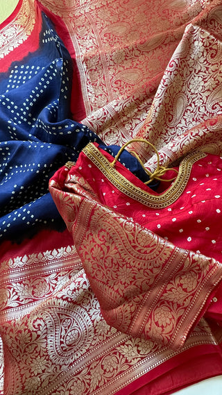 Dark blue to Red Bandhini patola silk saree pallu with stitched blouse