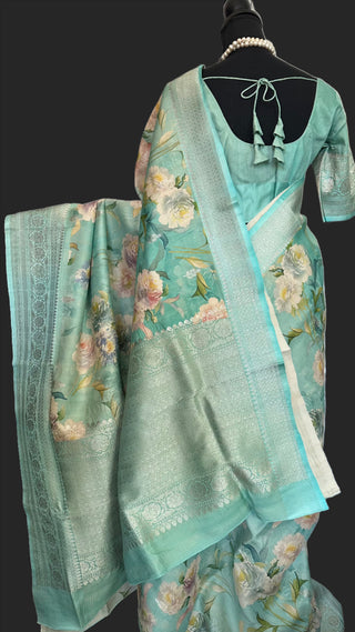 pastel green beneras tussar silk saree silver zari saree online usa