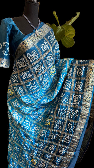 Bhandhani saree gajji silk saree peacock blue saree blue bandhani saree bhandhej saree online usa with stitched blouse online usa pure silk saree online usa 
