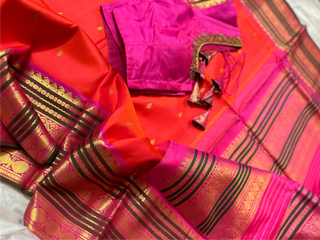 Orange kanjivaram silk saree with prestitched blouse pett border