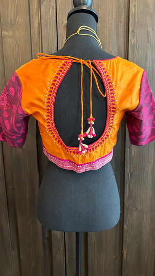 Orange pure silk kalamkari Hand embroidered silk blouse readymade usa online