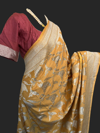 Mustard Tussar Beneras silk saree antique black zari with stitched blouse online shopping usa