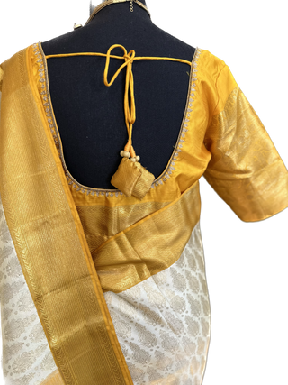 Kanjivaram beige silk saree bridal with prestitched hand embroidered blouse