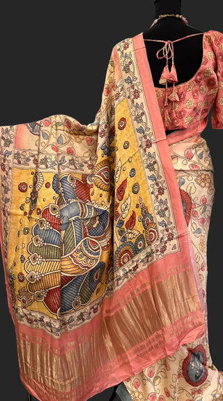 Pastel Kalamkari gajji Satin crepe silk saree with stitched blouse