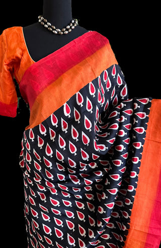 black hand printed tussar silk saree online usa 