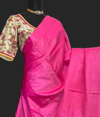 plain kanchi pattu saree with contrast blouse Pink plain kanchi pattu saree kanjivaram silk saree kanchipuram silk plain pure silk saree usa pink plain kanchi pattu saree online usa with kalamkari blouse stitched blouse online usa 
