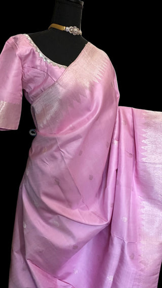 Pastel kanjivaram candy pink silver zari with stitched embroidered blouse.