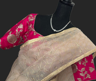 Organza saree with contrast blouse pink blouse gold zari white organza saree beige organza saree online usa 