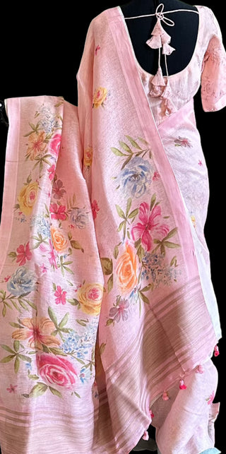 Pastel pink Floral Print Linen saree with printed blouse online shopping usa