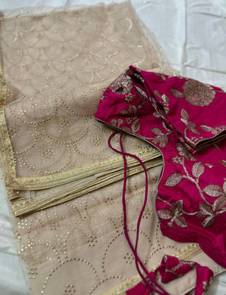 Organza saree with contrast blouse pink blouse gold zari white organza saree beige organza saree online usa 