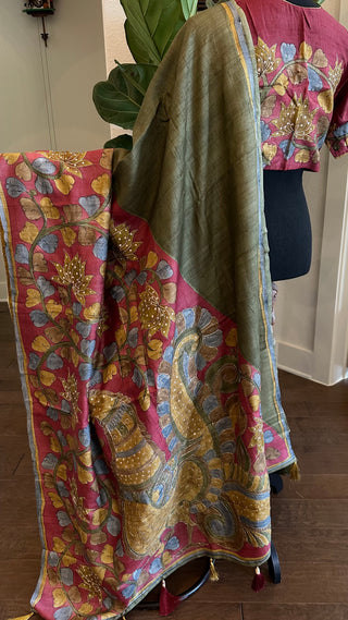 Kalamkari cut work hand painted embroidered  tussar saree online usa with stitched blouse