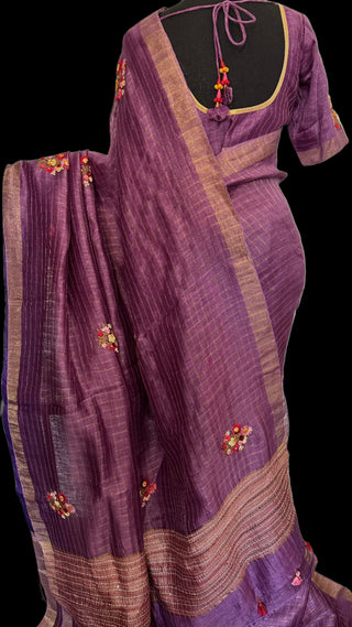Purple pure linen saree online usa