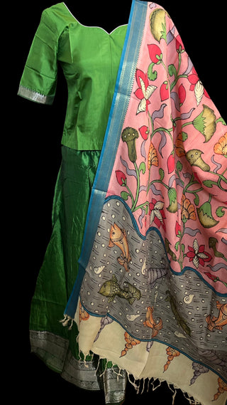 Green Pure Mangalagiri Silk Cotton Lehenga with pen kalamkari  Dupatta ready to ship lehenga usa 9 10 11 12 yeard old indian wedding wear bridesmaids diwali
