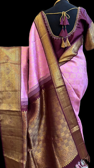 Lavender brocade gold zari kanchi pattu silk sarees with embroidered stitched blouses