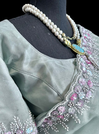 light teal Organza Saree with Stitched Blouse online usa