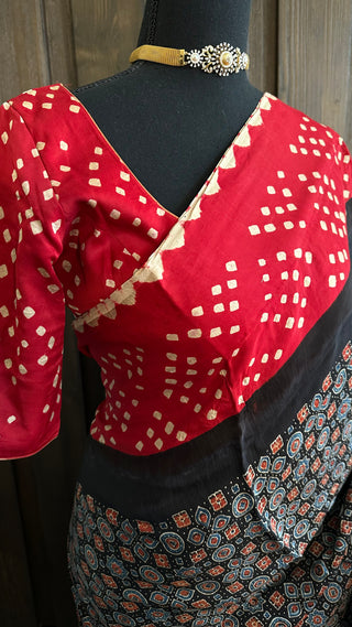 Red bandhani saree ajarakh prints  bandini Gajji silkwith  blouse