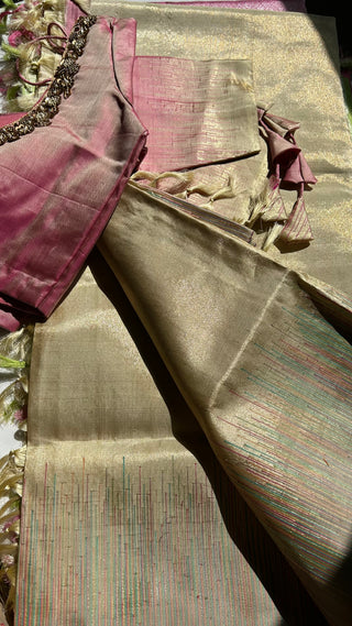 Tissue kanchi pattu saree pastel pink online shopping with prestitched blouse usa