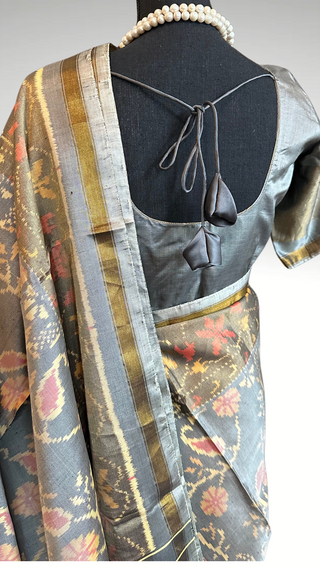 Grey double weave Rajkot patola silk saree with stitched blouse Partywear saree elegant easy drape saree