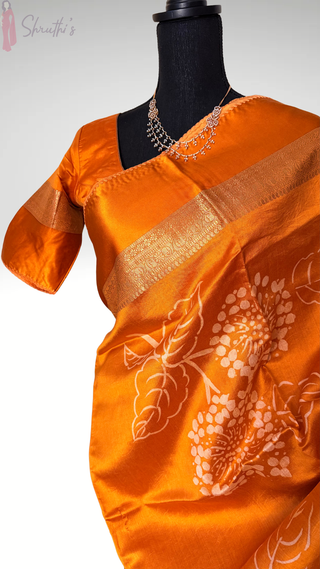 orange Beneras silk saree Usa with stitched blouse