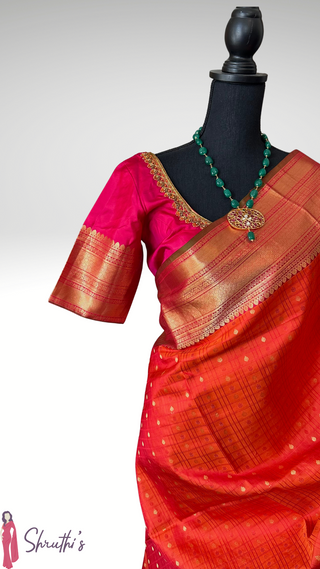 Orange pure kanchi pattu saree online usa ready to ship kanjivaram silk saree with stitched blouse orange pink silk saree online usa indian wedding bridal telugu bride