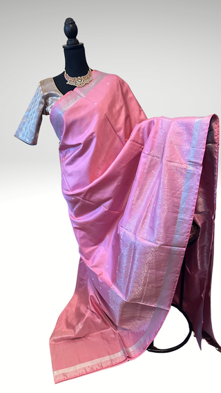 pink soft silk saree silver zari with stitched blouse pastel saree indian women ready to ship usa 