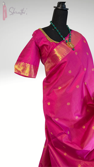 Pink Vairaoosi silk saree gold with stitched blouse usa online shopping indian wedding bridal silk saree 