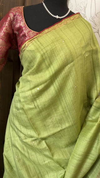 Green tussar silk with brocade silk blouses online usa