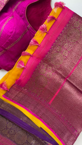 Gorgeous yellow pink Banaras organza saree with pure zari border and lined prestitched blouse, ships free within USA.