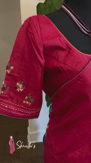 Rich red pure Tussar silk saree with delicate embroidery, fine handloom weave, partywear with ready blouse – online USA.