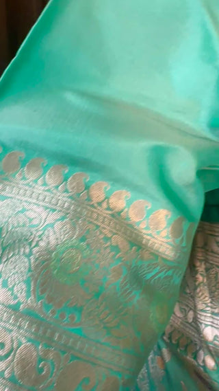 Pure Katan Benerasi Silk Saree in Pastel Sea Green – Ready to Wear Online