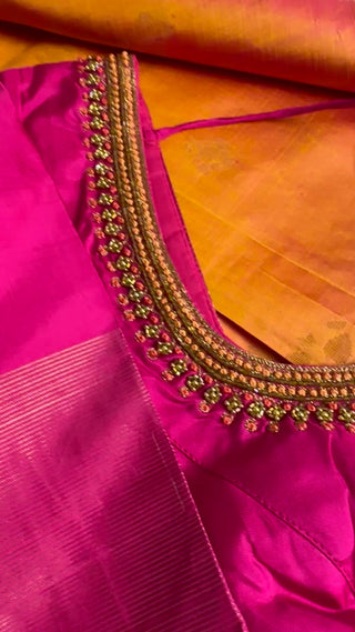 Yellow and pink handloom soft silk saree paired with prestitched blouse, offering a ready-to-wear bridal look.