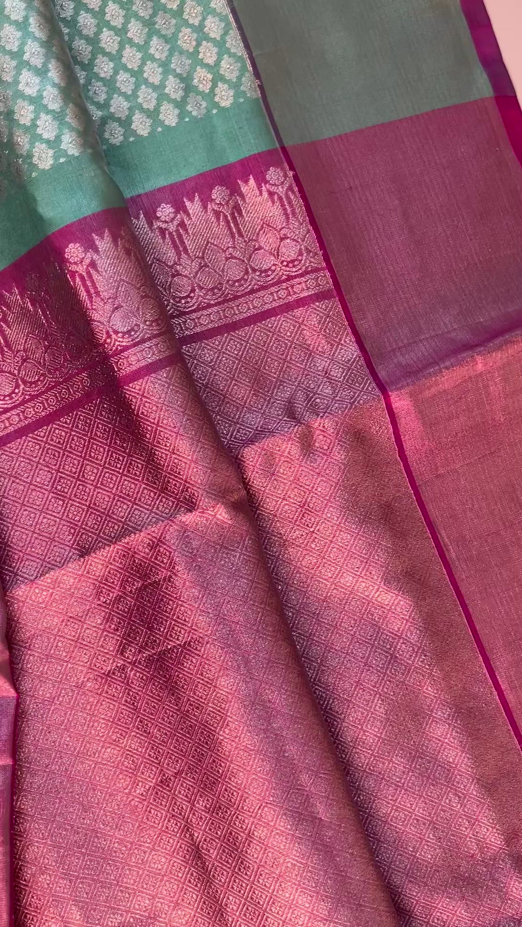 Turquoise green tissue silk saree with pure zari detailing and prestitched blouse