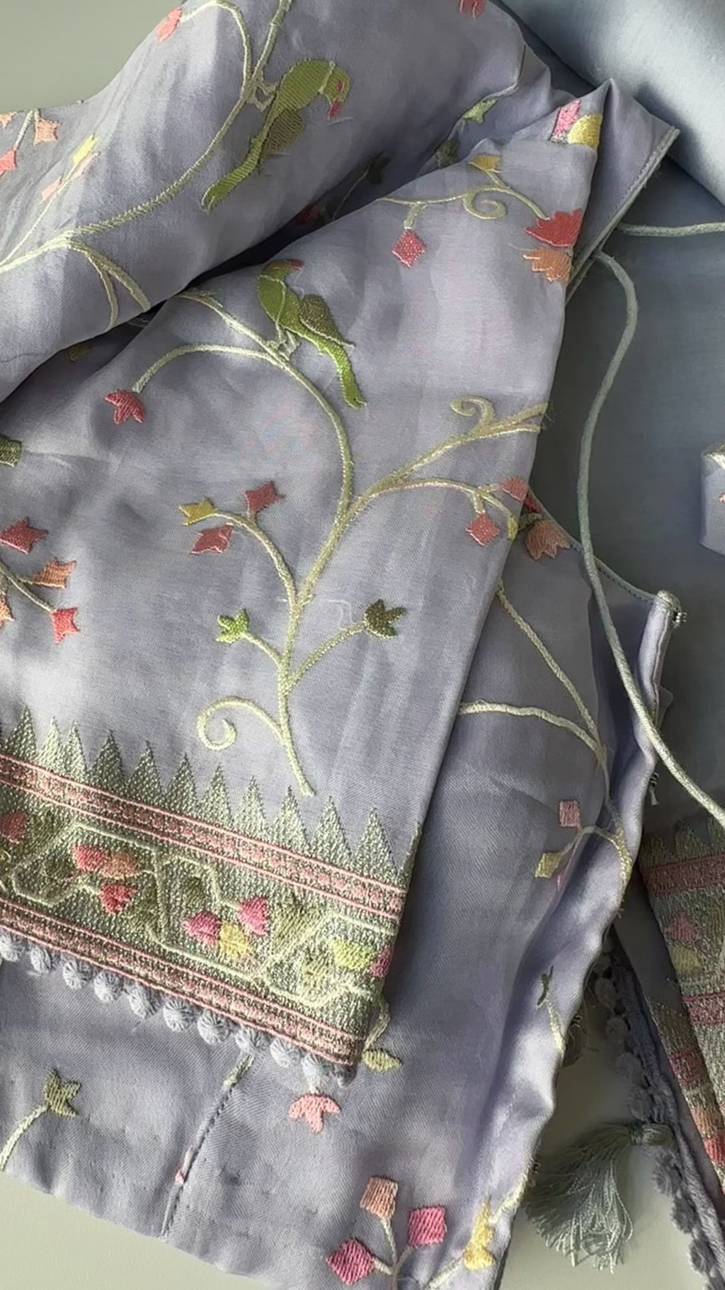 lavender organza silk saree silver border stitched blouse wedding reception