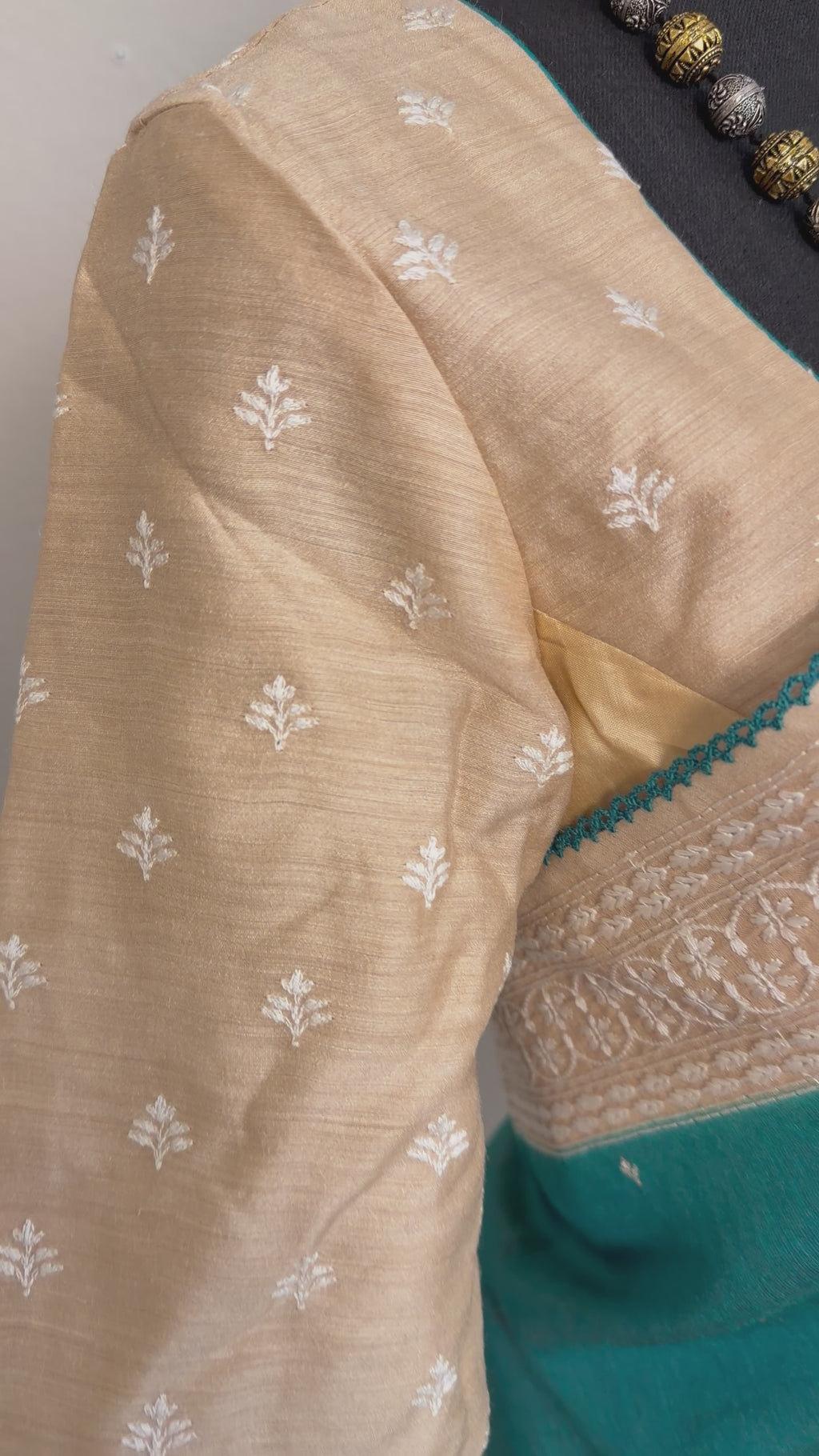 Luxury pure Tussar silk handloom saree with embroidered border and prestitched blouse for USA shopping