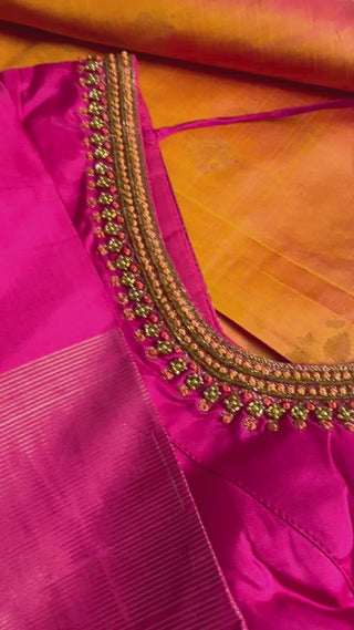 Intricate Pichwai-inspired motifs on pure soft silk fabric reflecting Indian temple art and nature themes.