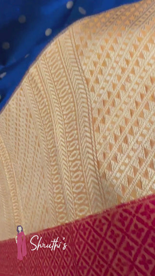 Kora organza silk saree in royal blue for wedding guest outfits.