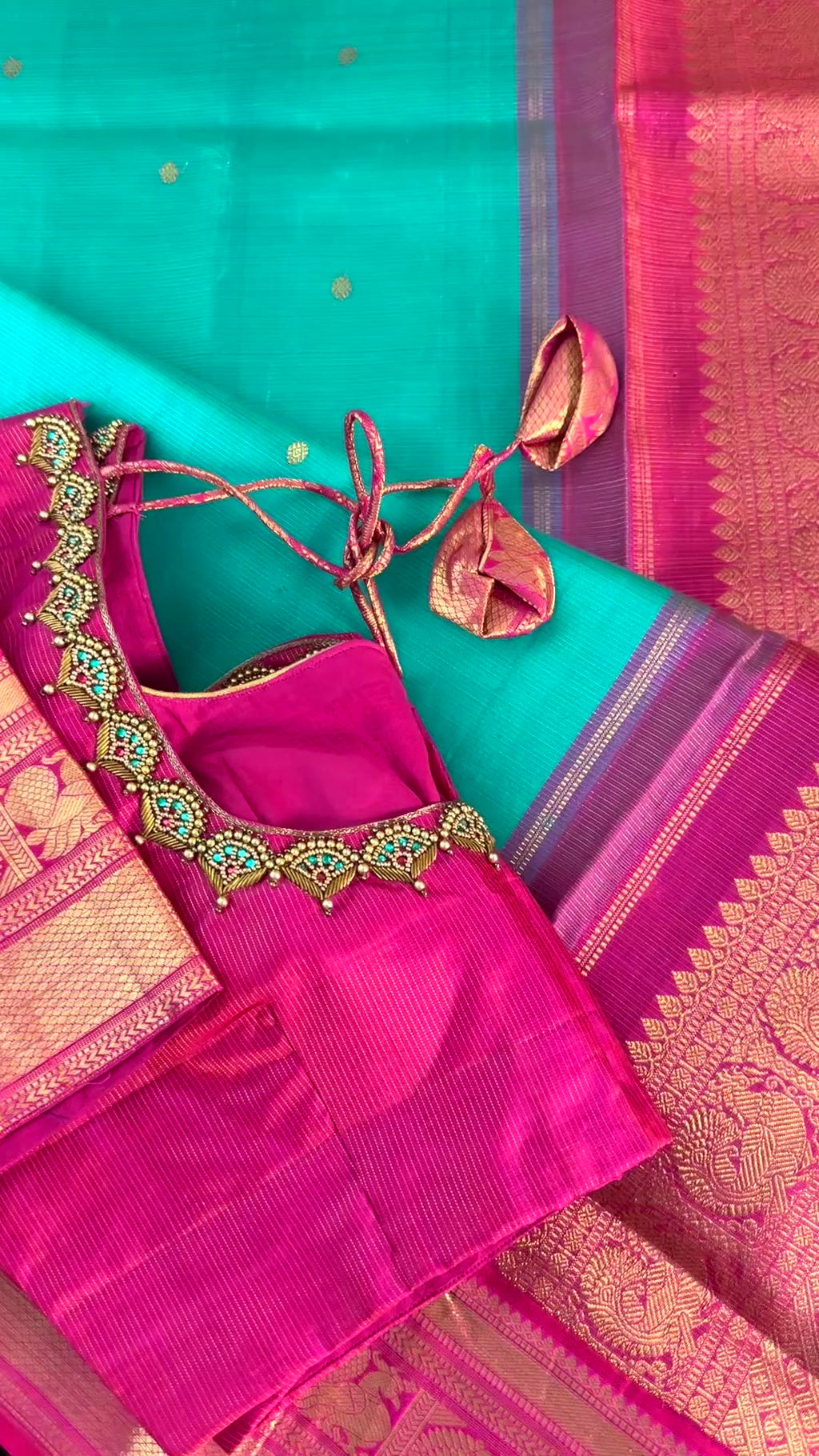 Full bridal ensemble featuring pink double shade Kanchivaram silk saree with prestitched blouse and jewelry styling inspiration.
