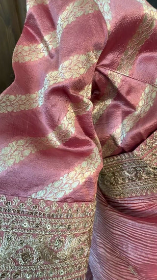 Close-up of embroidery detailing on pastel tissue silk saree border