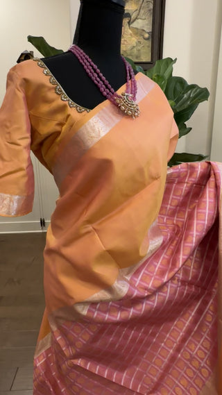 Silver zari kanchi pattu kanjivaram silk saree online usa salmon pink peach kanchi pattu saree online usa