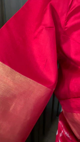 Red ikat silk saree with zari work and prestitched blouse