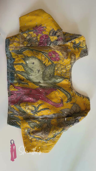 Pure Kalamkari Yellow Cotton Blouse with Hand-Painted Animal Motifs