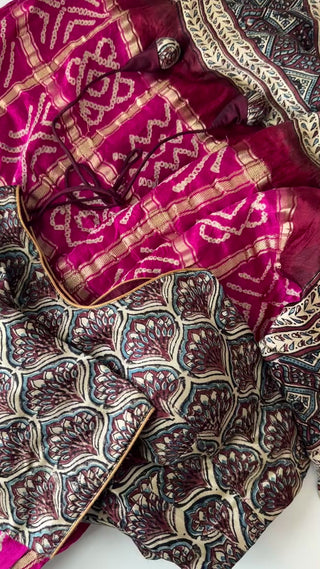 Pure silk Bandhani saree in pink color with Ajrakh design blouse, fall pico ready.