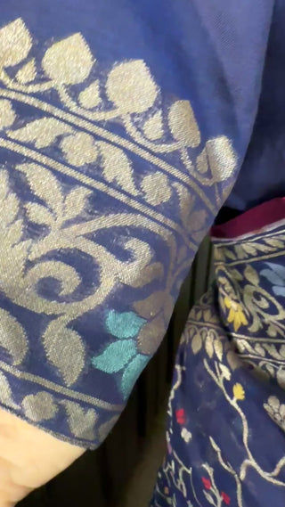 Elegant Dark Blue Pure Cotton Jamdhani Saree with Prestitched Blouse