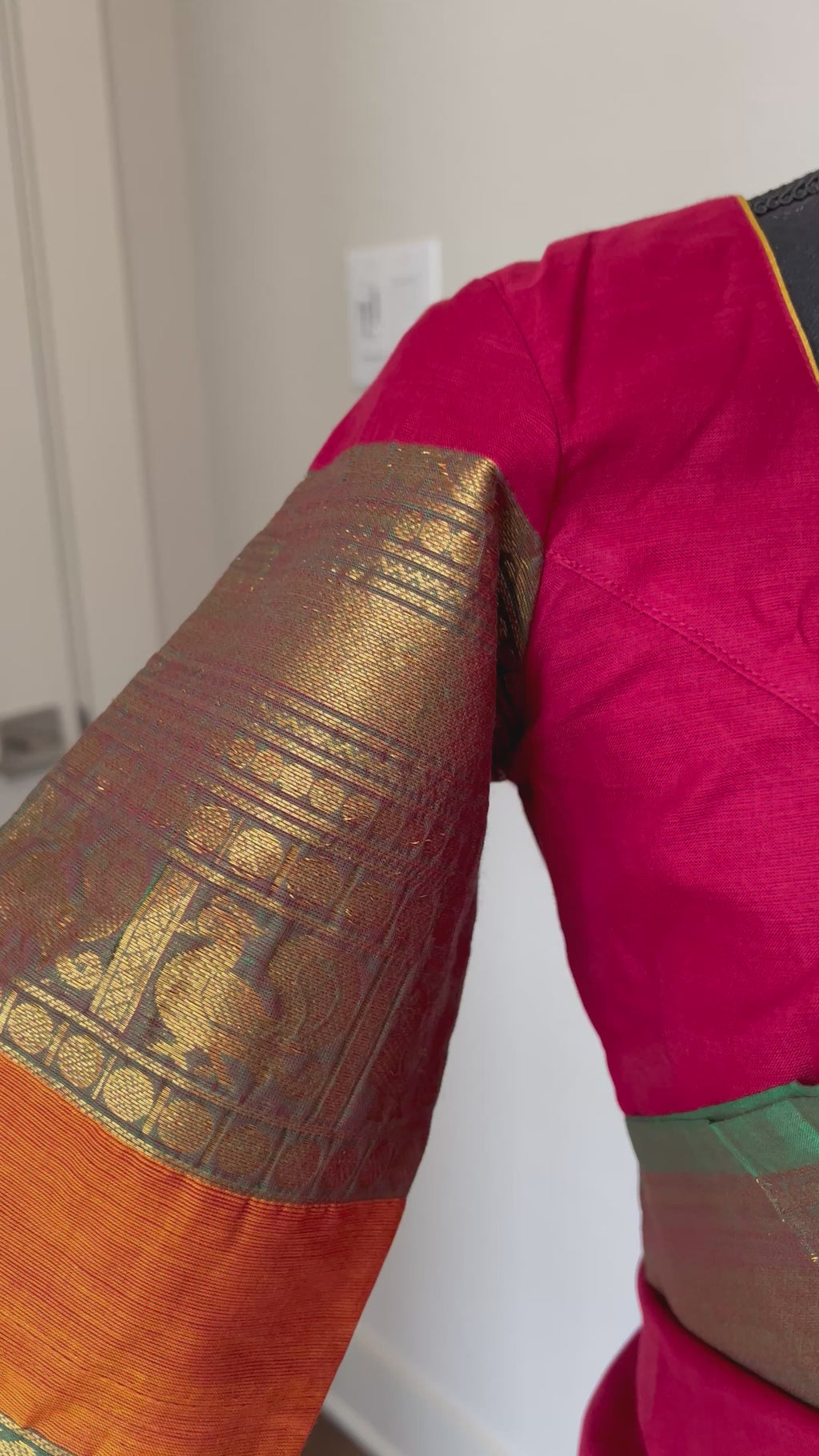 traditional red kanjivaram cotton saree zari border stitched blouse muhurtham pooja wear