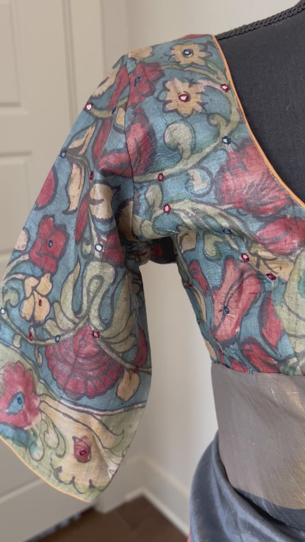 grey jute silk saree kalamkari blouse stitched pellikuthuru pellicheera traditional wear