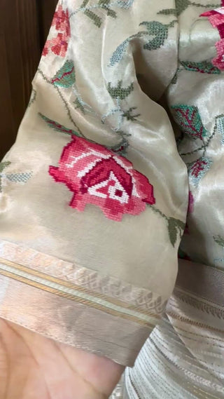 Soft drape Benaras organza saree with premium embroidery and stitched blouse.