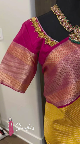 Handwoven yellow Kanjivaram silk saree with silver zari detailing Indian bridal brocade silk saree in yellow with blouse piece