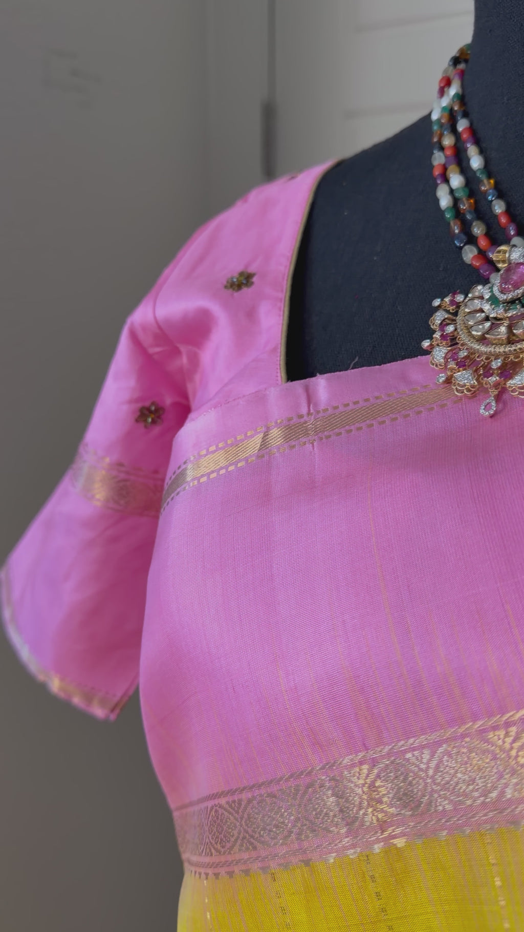 Yellow tissue soft silk saree in Kanjeevaram style handloom with stitched embroidered blouse